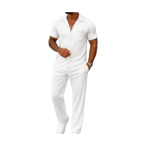 Mens Summer 2 Piece Set Casual Outfits Button Short Sleeve Shirt & Loose Pants Textured Striped Tracksuit Walking Suits